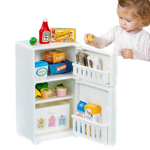Fukamou Mini-Kühlschrankspielzeug, Puppenhaus-Kühlschrankspielzeug Mit Mini-Lebensmittelspielzeug | Tragbares Kühlschrank-Spielgerät, Miniatur-Küchenspielset Für Jungen, Mädchen, Kinder Über 3 von Fukamou