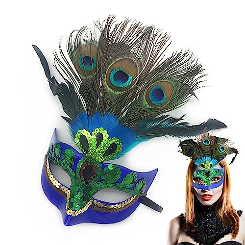 Fukamou Pfauenmaske Mit Paillettenfedern, Kreative Federmaske, Pfau Kostü Maske Für Kinder Erwachsene, Halloween Party Cosplay Kostümzubehör von Fukamou