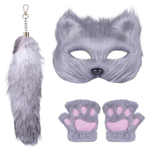 Fukamou Wolf Ohren Und Schwanz Set,Wolf Cosplay - Tierpfoten-Gesichtsbedeckung Und Schwanz-Set - Katzen-Cosplay-Kostümzubehör, Niedliche Dekorative Handschuhe, Maskenschwanz Für Halloween-Maskerade von Fukamou