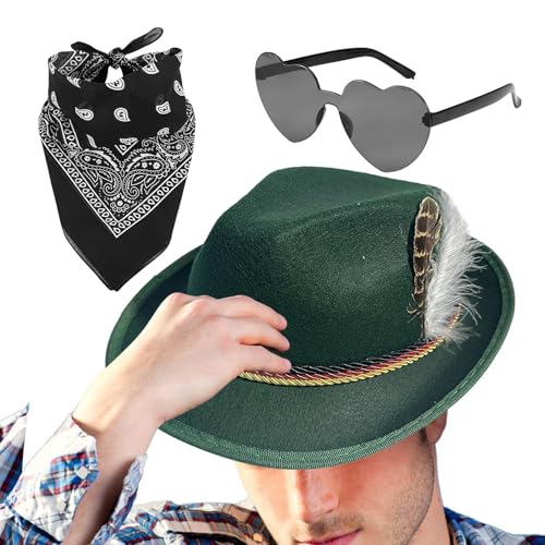 Bayerischer Hut, Alpenhut - 1 Set Fedora Oktoberfest Hut mit Kopftuch und Brille, Oktoberfest Kostümzubehör, deutscher Alpenhut für Erwachsene von Fulenyi