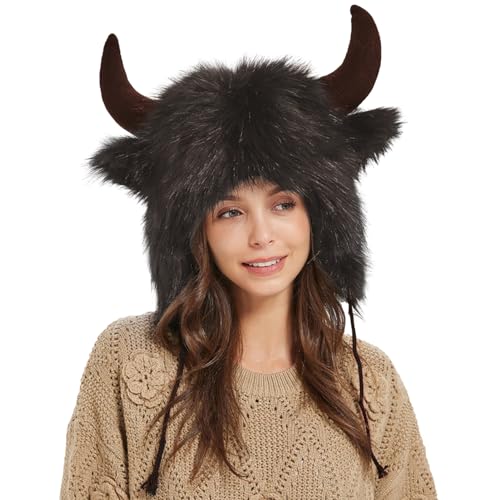 Büffelhut mit Hörnern – Hut mit Ohrenklappen aus Plüsch mit Hörnern, Wintermütze, flauschige Kopfbedeckung für Männer und Frauen für Tier-Cosplay, Hut aus Büffelhut mit Hörnern – Hut mit Ohrenklappen aus Plüsch mit Hörnern, Wintermütze, flauschige Kopfbedeckung für Männer und Frauen für Tier-Cosplay, Hut aus von Fulenyi