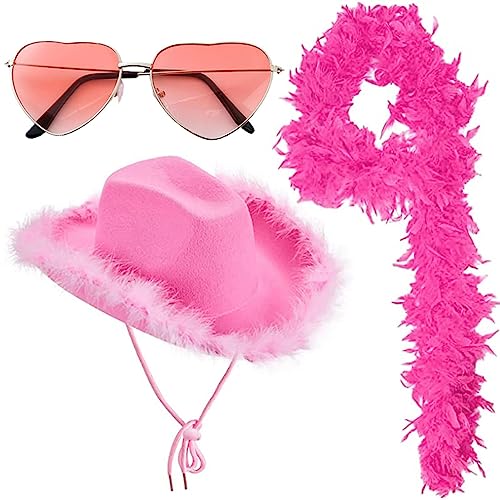 Fulenyi Cowgirl-Hut mit breiter Krempe, mit Herzbrille und Federboa, rosa Cowgirl-Hut, Western-Cowgirl-Hüte, Kostümzubehör aus Filz Fulenyi Cowgirl-Hut mit breiter Krempe, mit Herzbrille und Federboa, rosa Cowgirl-Hut, Western-Cowgirl-Hüte, Kostümzubehör aus Filz von Fulenyi