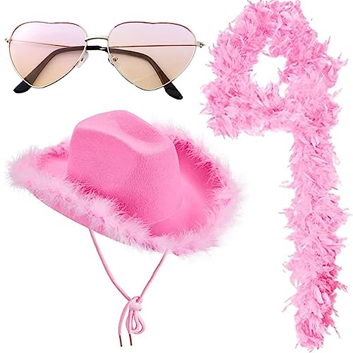 Fulenyi Cowgirl-Hut mit breiter Krempe, mit Herzbrille und Federboa, rosa Cowgirl-Hut, Western-Cowgirl-Hüte, Kostümzubehör aus Filz Fulenyi Cowgirl-Hut mit breiter Krempe, mit Herzbrille und Federboa, rosa Cowgirl-Hut, Western-Cowgirl-Hüte, Kostümzubehör aus Filz von Fulenyi