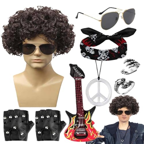 Fulenyi Rocker-Kostüm der 80er-Jahre für Herren, 80er-Jahre-Kostüm für Herren, Rocker-Themenanzüge aus den 80er-Jahren, 9-teiliges Rocker-Kostüm-Set für Herren, Rocker-Perücke von Fulenyi