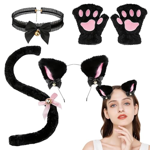 Fulenyi Zubehör für Katzenkostüm, Katzenohren und Schwanz-Set, Katzen-Kostüm-Set, Cosplay-Kostüm mit Klauenhandschuhen – bequemes und flauschiges Zubehör für Cosplay-Kostüme von Fulenyi