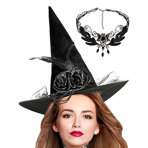 Halloween-Hexenhut, Hexenhut für Damen, Halloween-Zauberer, Cosplay-Hut, spitzer Hut mit Edelstein-Halskette, Partyhüte Halloween-Hexenhut, Hexenhut für Damen, Halloween-Zauberer, Cosplay-Hut, spitzer Hut mit Edelstein-Halskette, Partyhüte von Fulenyi