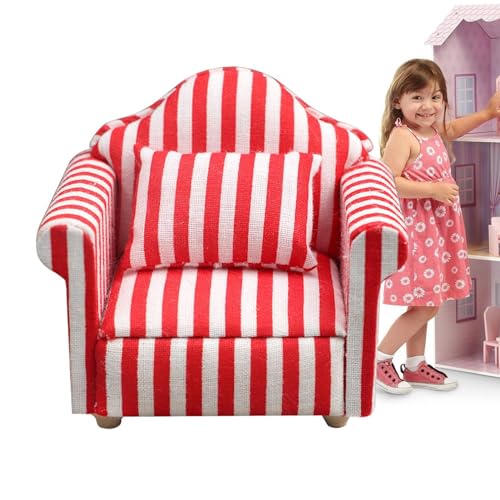 Puppenhaus-Couch, Puppenhaus-Sofa-Sessel - -Puppenhausmöbel im Maßstab 1:12, Couch und Stuhl,Miniatursofa aus Holzstoff, rote und weiße Streifen, hochsimuliertes Kinderspielzeug für von Fulenyi