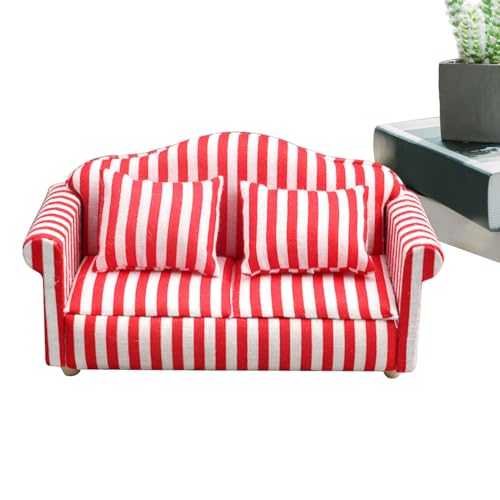 Puppenhaus-Couch mit Kissen, Puppenhaus-Sofa-Set - Miniatur-Sofa-Sessel-Spielzeug im Maßstab 1:12 - Hochsimuliertes Miniatursofa aus Holzstoff, rote und weiße Streifen, Kinderspielzeug, Puppenhaus-Couch mit Kissen, Puppenhaus-Sofa-Set - Miniatur-Sofa-Sessel-Spielzeug im Maßstab 1:12 - Hochsimuliertes Miniatursofa aus Holzstoff, rote und weiße Streifen, Kinderspielzeug, von Fulenyi