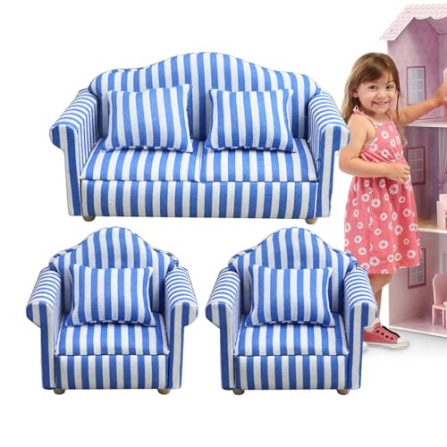 Puppenhaus-Couch mit Kissen, Puppenhaus-Sofa-Set - Miniatur-Sofa-Sessel-Spielzeug im Maßstab 1:12 - Rot-weiß gestreifter Miniatur-Sofa-Sessel aus Holzstoff, Puppenhaus-Wohnzimmermöbel für von Fulenyi