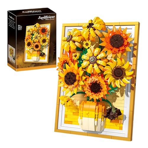 3D Wandkunst Sonnenblumen Bausteine, 1011 Stück Sonnenblumen Rahmen Klemmbausteine, Künstlicher Blumenstrauß für Tischaufsteller, Heimdekoration Botanisches Geschenk für Erwachsene Teenager 14+ von Fuleying