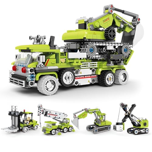 4 IN 1 Stadt Konstruktion LKW Bausteine Bausatz, Engineering Fahrzeuge Modell Klemmbausteine mit Muldenkipper, Bagger, Kran, STEM Lernspielzeug, Geschenkideen für Kinder im Alter von 6+ (912 Stücke) von Fuleying