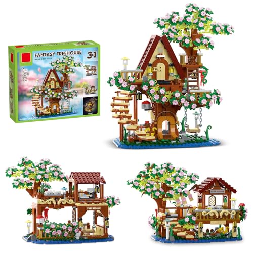 Fuleying 3 IN1 Kirschblüten Baumhaus Bausteine Bausatz, 959 Teile Sakura Innenhof Pavillon Klemmbausteine, Stadt Architektur Baukasten Spielzeug für Erwachsene Kinder, Heimbüro Dekoration von Fuleying