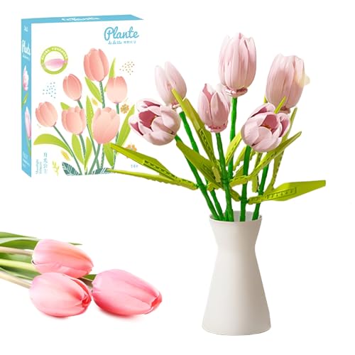 Fuleying Blumenstrauß Bausteine Bausatz, Tulpe Botanische Klemmbausteine, DIY Künstliche Blumen für Zuhause Büro Dekoration, Geschenkidee für Erwachsene Ihre Frauen (Rosa) von Fuleying