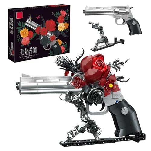 Gun Rose Blumenstrauß Bausteine Bausatz, Gotischer Revolver Klemmbausteine mit Blumen, DIY Botanical Gun Modell für Erwachsene, Halloween Heim Dekor, Einzigartige Dunkle Fantasy Geschenk(631 Teile) von Fuleying