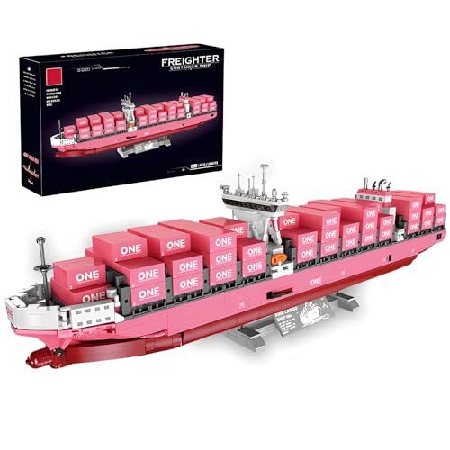 ONE Frachter Containerschiff Bausteine(1446 Teile), 63. 5cm Großes Rosa Farbenes Frachtschiff Klemmbausteine Modell, STEM-Lern Spielzeug mit Display-Ständer, Geschenk für Erwachsene Kinder 14+ von Fuleying