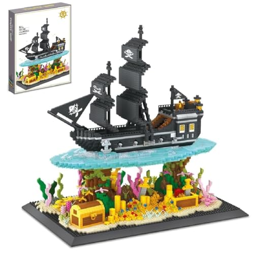 Piratenschiff Bausteine Bausatz, 4059PCS Piratenschiff Modell, Black Pearl Segelschiff Modell mit Meeresböden der Schatz, Micro Mini Baustein Set, DIY Modellbausatz Klemmbausteine Bausatz (780) von Fuleying