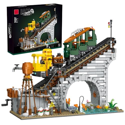 Techinik Zahnrad Eisenbahn Bausteine Bausatz (1987 Teile), STEM Gebirgsbahn Klemmbausteine Modell, Dampf Lokomotive & Landschaftsdarstellung, Sammleredition für Erwachsene & Jugendliche ab 14 Jahren von Fuleying