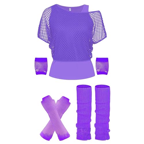 80er Jahre Outfit Damen für Leggings One Shoulder Karneval Kostüm Neon Shirt mit Accessoires T-Shirt Beinwärmer Netzhandschuhe Rave Outfit Grosse Grössen Netzoberteil Faschingskostüme Longshirt von Fulidngzg