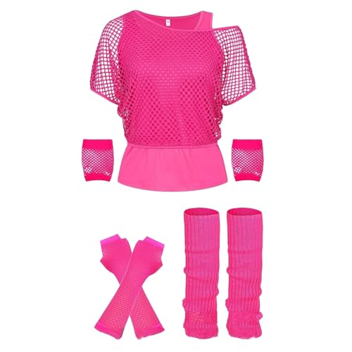 90er Jahre Outfit Damen Fasching mit Accessoires T-Shirt Beinwärmer Netzhandschuhe Netzoberteil Faschingskostüme One Shoulder Neon Shirt Grosse Grössen Rave Outfit Karneval Kostüm Longshirt von Fulidngzg