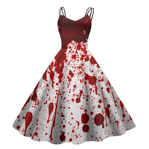 Fulidngzg Halloween Kostüm Damen Gruselig - Blutige Aufdruck Kleid Zombie Braut Kostüm Horror Elegant Brautkleid Ärmellos Krankenschwester Costume für Frauen von Fulidngzg