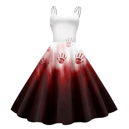 Fulidngzg Halloween Kostüm Damen Gruselig - Blutige Aufdruck Kleid Zombie Braut Kostüm Horror Elegant Brautkleid Ärmellos Krankenschwester Costume für Frauen von Fulidngzg