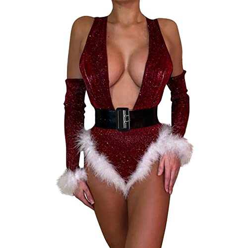 Fulidngzg Sex Costume Woman Einteilige Rote Bodysuit Wäsche Teddy Sexy Unterwäsche Reizwäsche Outfit Spitze Mollig Dessous Weihnachtskostüm für Sex Christmas Lingerie von Fulidngzg
