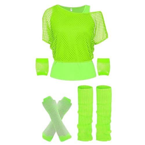 Karneval Kostüm Damen Mottoparty One Shoulder Neon Shirt mit Accessoires T-Shirt Beinwärmer Netzhandschuhe Netzoberteil Faschingskostüme für Leggings 80er 90er Jahre Outfit Rave Outfit Netz Oberteil von Fulidngzg