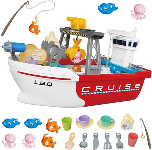 Fullware Badewanne Boot Spielzeug mit Mini-Fischen und Werkzeugen – Wasserspielzeug Rot von Fullware