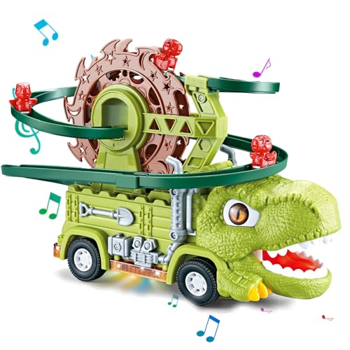 Fullware Spielzeugautos,Dinosaurier Spielzeug mit 6 Zufällig Rückzieh-Autos, verwandelbares Dino-Schluckauto, Rennstreckenmodus, Baby Geschenk Junge 4 5 6 7 8 9 10 Jahre (grün) von Fullware