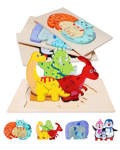 Fullware Holzpuzzle für Kleinkinder von 1-3 Jahren, 4 Stück Steckpuzzle Holz Montessori Spielzeug für Baby, Tier Holzpuzzle Puzzle Kleinkind Lernspielzeug(Katze, Dinosaurier, Pinguin und Elefant) von Fullware