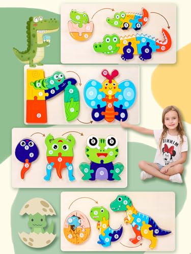 Fullware 4 Sets Tiere Lebenszyklus Holzpuzzle ab 2 3 4 5 6 Jahre(13-14 Teile)- Dinosaurier, Schmetterling, Frosch, Krokodil, Montessori Spielzeug 3D Puzzle Kinder - Geschenk für Jungen und Mädchen von Fullware