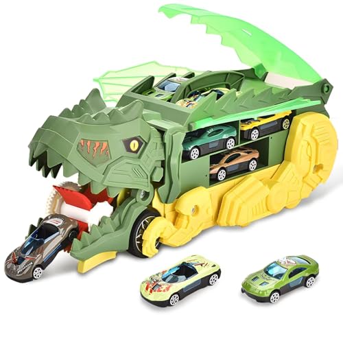 Fullware Dinosaurier Spielzeug Autos, Transport Truck Spielzeug mit 6 Spielzeugautos, Verwandelbares Dino-Schluckauto, Rennstreckenmodus, Autos Geschenk Junge 4 5 6 7 8 9 10 Jahre (dunkelgrün) von Fullware
