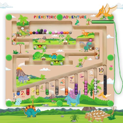 Fullware Dinosaurier Montessori Spielzeug für 1 2 3 4 5 6 Jahre, Holz Busy Board Magnetisches Labyrinthspiel für Jungen Mädchen, Farbabstimmung Zahlenzählen, Entwicklung feinmotorischer Fähigkeiten von Fullware
