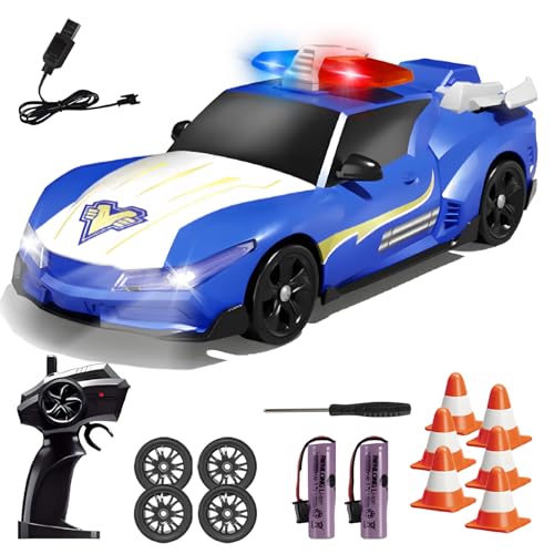 RC Drift Car Polizeiauto mit Licht und Sound, 1:24 Ferngesteuertes Auto mit Aufladbarer 2 Batterie, 2,4 GHz 4WD RC Drift Polizeiauto für Junge Geschenk Kinderspielzeug ab 3 4 5 6 7 8+ Jahre(Blau) von Fullware