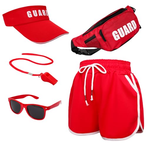 Fumwase 5-teiliges Wachenkostüm-Set mit Shorts, Schutzhut, Sonnenbrille, Bauchtasche und Pfeife für Herren und Damen, Halloween, Rot/Ausflug, einfarbig (Getaway Solids), Einheitsgr��e von Fumwase