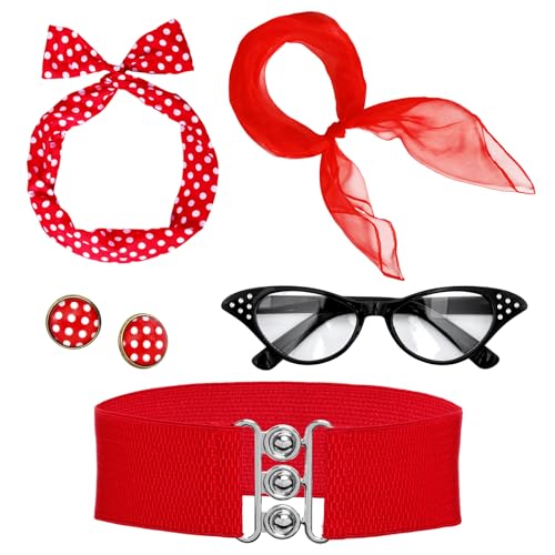 Fumwase 5 x 1950er-Jahre-Kostüm-Zubehör für Damen, Ohrring, Schal, Katzenauge, Brille, Stirnband, Bund für Hallowmas (rot) von Fumwase