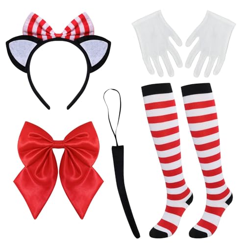Fumwase 5 x Katzen-Kostüm-Zubehör, Katzenohren, Stirnbänder, Schwanz, rote Fliege, gestreifte Socken, Handschuhe für Halloween-Party Fumwase 5 x Katzen-Kostüm-Zubehör, Katzenohren, Stirnbänder, Schwanz, rote Fliege, gestreifte Socken, Handschuhe für Halloween-Party von Fumwase