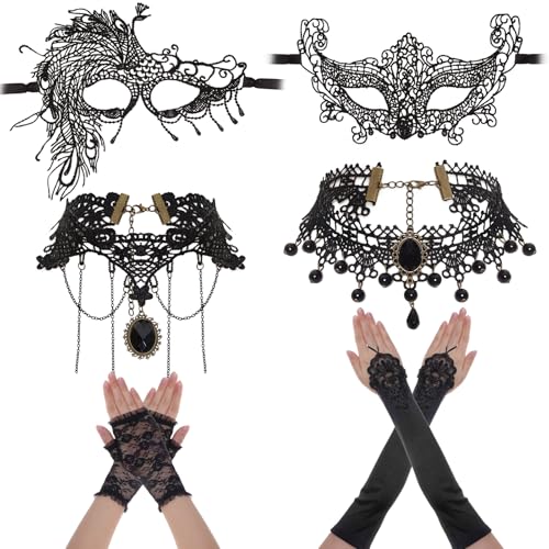 Fumwase 6-teiliges Augenmasken-Set, Party-Masken-Set für Damen, schwarze Spitze, Augenmaske, Halskette, Handschuhe, Cosplay, Halloween-Zubehör (elegant) von Fumwase