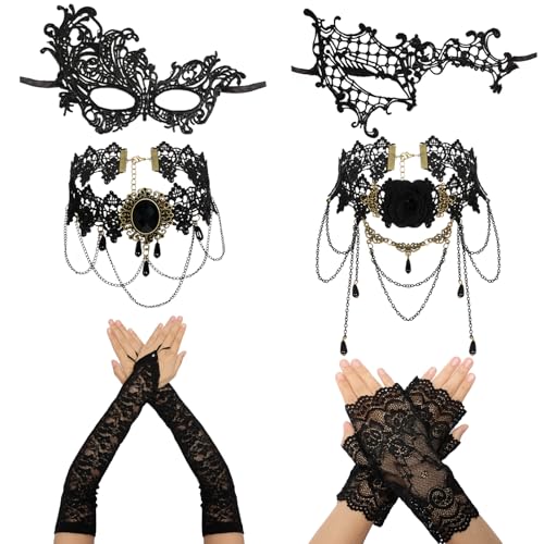 Fumwase 6-teiliges Augenmasken-Set, Party-Masken-Set für Damen, schwarze Spitze, Augenmaske, Halskette, Handschuhe, Cosplay, Halloween-Zubehör (modisch) von Fumwase