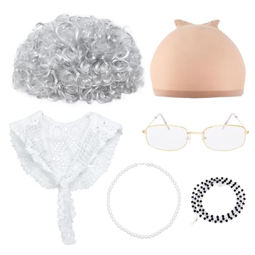 Fumwase 6-teiliges Kostüm für alte Dame, Kostüm, Oma, Brille, Halskette, Oma-Schal, Halloween-Kostüm Fumwase 6-teiliges Kostüm für alte Dame, Kostüm, Oma, Brille, Halskette, Oma-Schal, Halloween-Kostüm von Fumwase