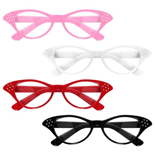 Fumwase Katzenaugen-Brille mit Strasssteinen, 50er-/60er-Jahre-Party-Kostüm-Brille, für Halloween, Cossplay, Hip-Hop-Verkleidungen (4, Schwarz + Weiß + Rot + Rosa) von Fumwase