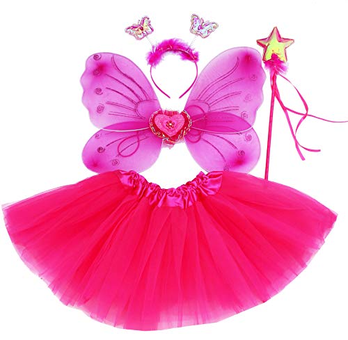 Fun Play Feen kostüm Kinder für Mädchen - Schmetterlingsflügel Kinder Tutu Zauberstab und Haarreifen - Engelsflügel für Mädchen 3-8 Jahre alt - Farbe indische Rose von Fun Play