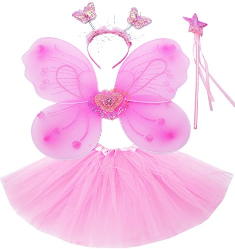 Fun Play Feen kostüm Kinder für Mädchen - Schmetterlingsflügel Kinder Tutu Zauberstab und Haarreifen - Schmetterlingsverkleidungen - Engelsflügel für Mädchen 3-8 Jahre alt - Farbe Rosa von Fun Play