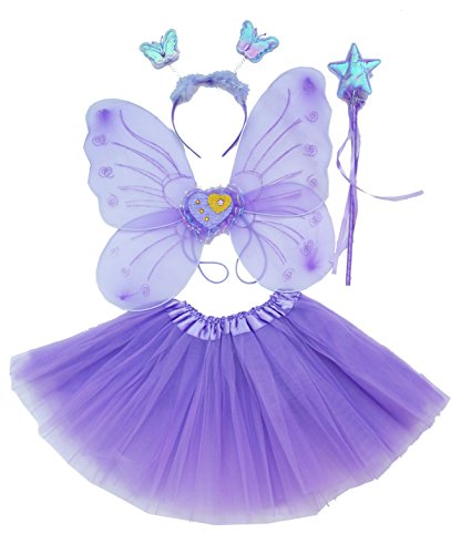 Fun Play Feen kostüm kinder für Mädchen - Schmetterlingsflügel kinder Tutu Zauberstab und Haarreifen - Schmetterlingsverkleidungen - Engelsflügel für Mädchen 3-8 Jahre alt -Farbe Violet von Fun Play