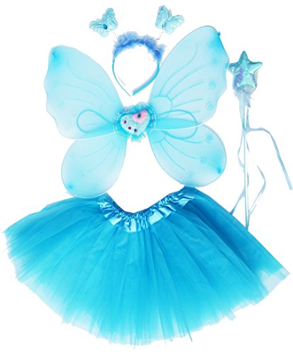 Fun Play Feen kostüm kinder für Mädchen - Schmetterlingsflügel kinder Tutu Zauberstab und Haarreifen - Schmetterlingsverkleidungen - Engelsflügel für Mädchen 3-8 Jahre alt - Farbe Wasserblau von Fun Play