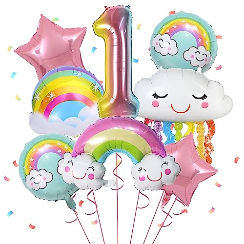 Deko 1. Geburtstag Mädchen, 8 Stück Folienballons zum 1. Geburtstag für Mädchen, mit Regenbogen-Rosa-Stern-Pastell-Rundballons, Nummer 1 für Mädchen-Geburtstagsparty, Babyparty-Zubehör von FunHot