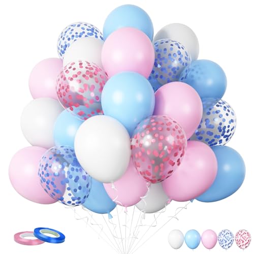 Funhot Blau Rosa Luftballons, 60 Stück Rosa und Blaue Ballons, 12 Zoll Weiße Macaron Blau Rosa Konfetti Latex Luftballons für Geburtstag Babyparty Jungen und Mädchen Geschlecht Offenbaren Party Deko von FunHot