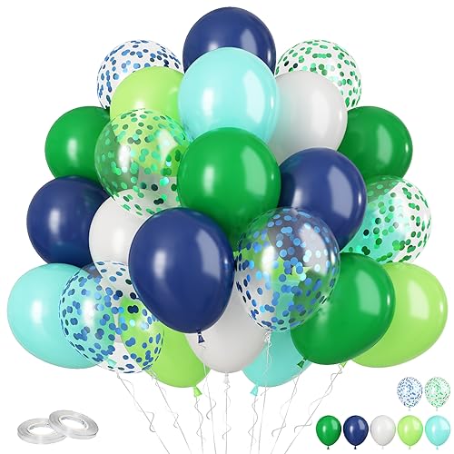 Funhot Blaue Grüne Luftballons, 60 Stück Marineblaue Grüne Ballons, 12 Zoll Fruit Grün Blau Konfetti Ballons Teal Blau Weiße Latexballons für Kinderge Burtstags Dinosaurier Jungle Themen Party Deko von FunHot