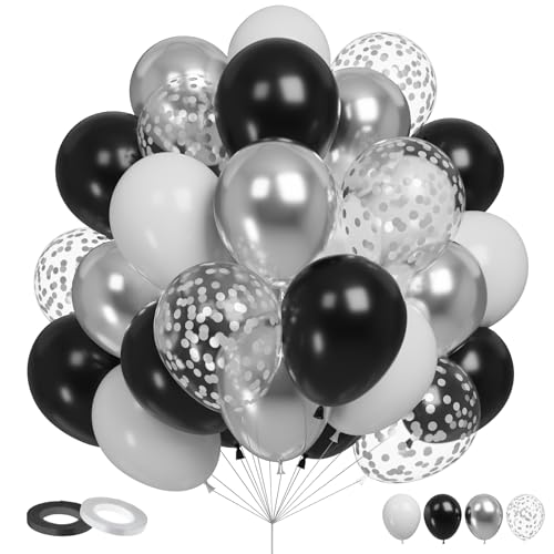 Funhot Luftballons Schwarz Silber, 60 Stück Silber Schwarz Luftballons, 12 Zoll Metallic Silber Konfetti Ballons Schwarz Helium Luftballons für Geburtstag Verlobung Hochzeit Abschlussfeier Party Deko von FunHot