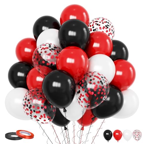 Funhot Rot Weiß Schwarz Luftballons, 60 Stück Schwarze und Rote Ballons, 12 Zoll Weiß Rot Schwarz Konfetti Latex Ballons Luftballons für Babyparty Geburtstag Karneval Abschlussfeier Poker Motto Deko von FunHot